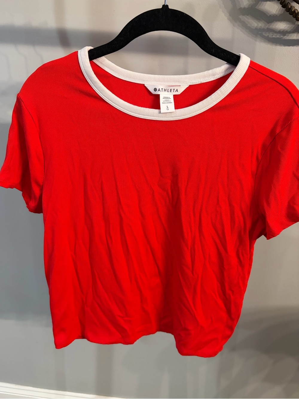 Athleta Red Short Sleeve Ringer Tee with White Neckline size large